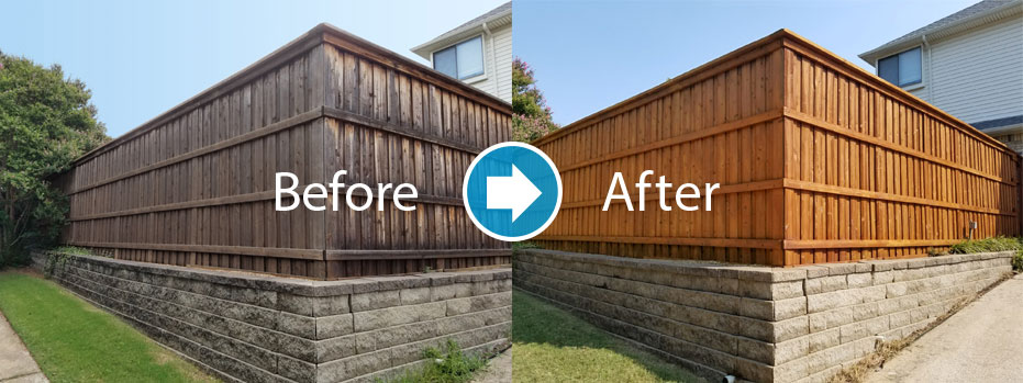 Before and After photo of fence staining process, transforming an old fence into almost new fence. This photo was taken in Mesquite, TX.